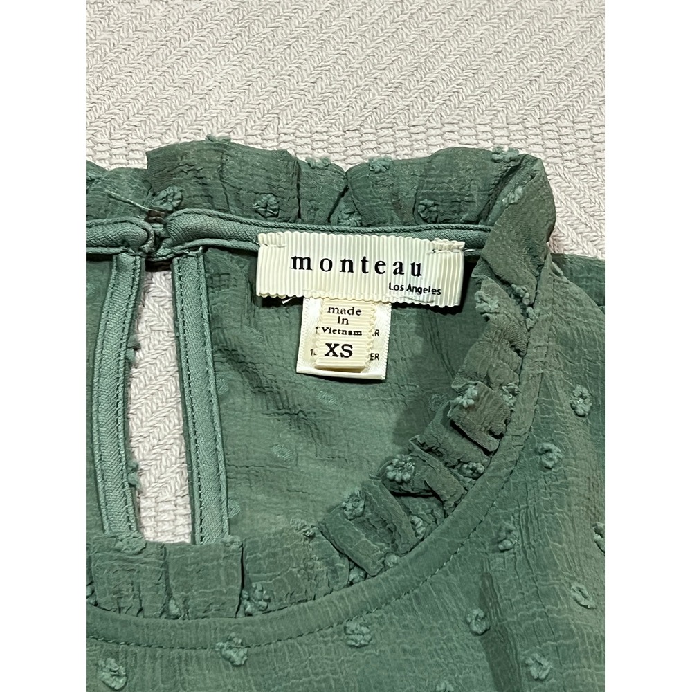 Monteau Dress Womens XS Boho Sage Green Sleeveless Swiss Dot Tiered Midi Dress - Picture 5 of 7
